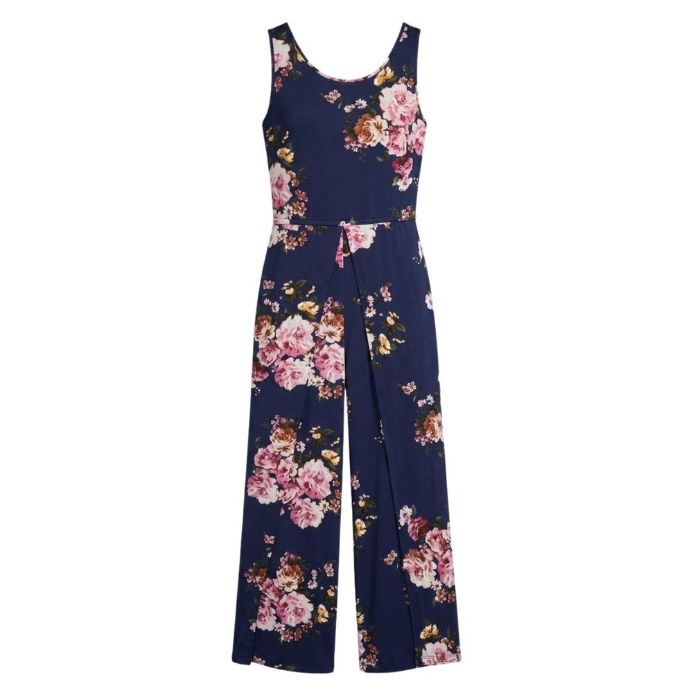 NWT KOH KOH Floral Maxi Jumpsuit Women Large Navy Blue Rose Wide Leg